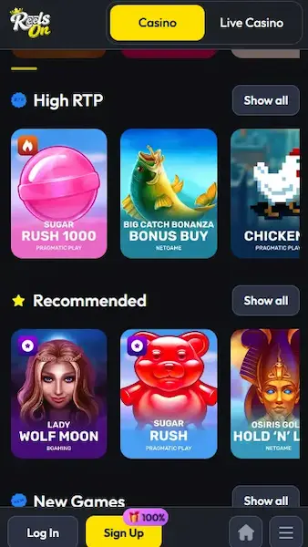 ReelsOn mobile app lobby showing High RTP and Recommended pokies on Android and iOS