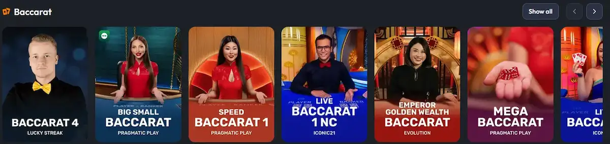 ReelsOn live baccarat tables including Speed Baccarat and Mega Baccarat from Evolution Gaming