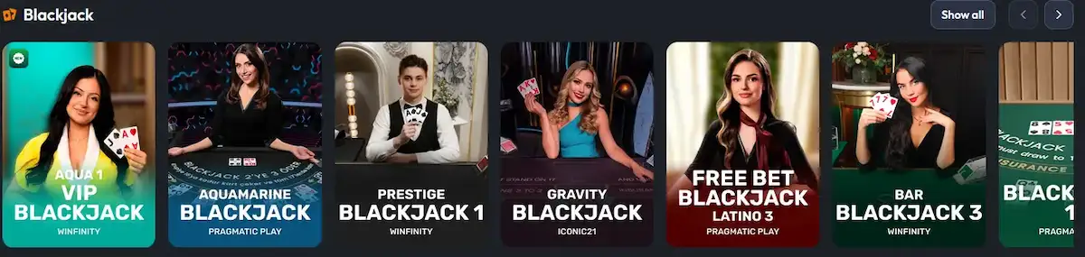 ReelsOn live blackjack tables including Infinite Blackjack from Evolution Gaming
