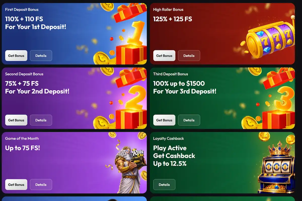 ReelsOn bonus cards showing first, second and third deposit offers plus loyalty cashback