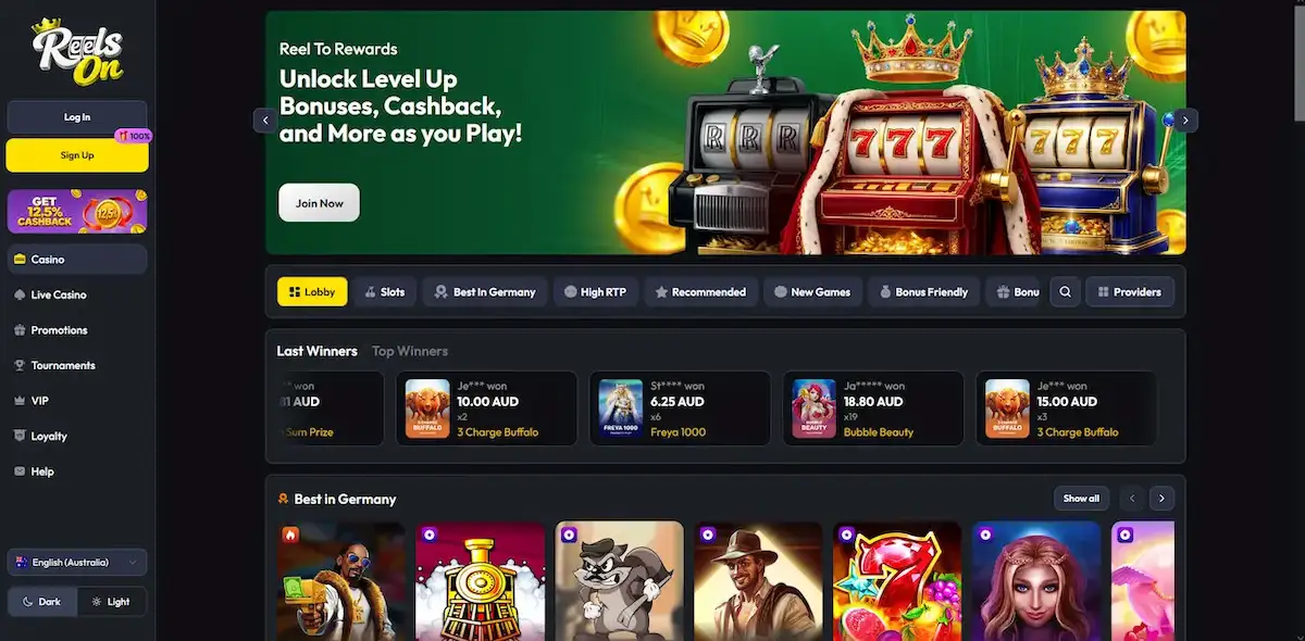 ReelsOn online casino lobby for Australian players with pokies and live casino navigation