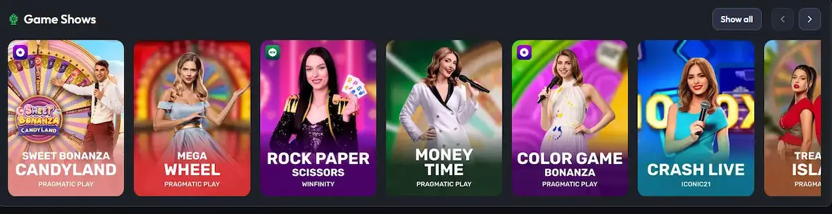 ReelsOn game shows lobby featuring Crazy Time and Monopoly Live from Evolution Gaming