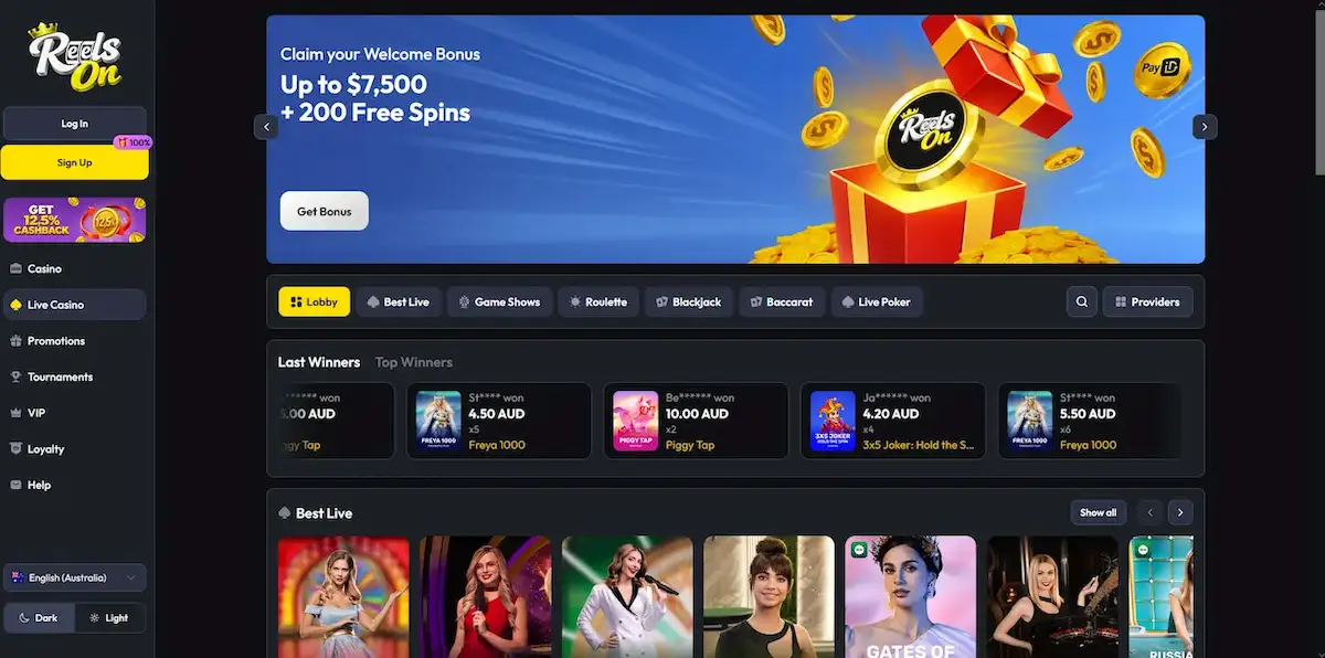 ReelsOn live casino lobby with Best Live dealer tables and welcome bonus banner