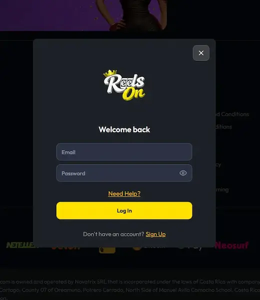 ReelsOn login screen with email and password fields for Australian players