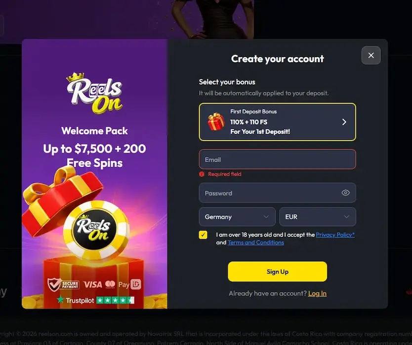 ReelsOn account registration form showing the Welcome Pack bonus selection